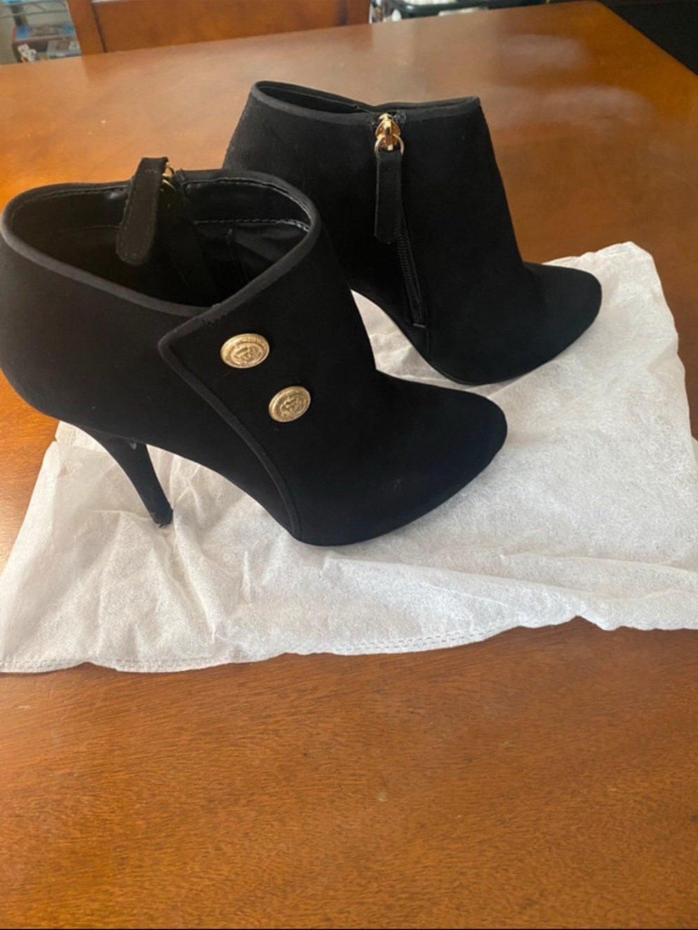 G by Guess Black Suede Ankle Booties with Gold Buttons